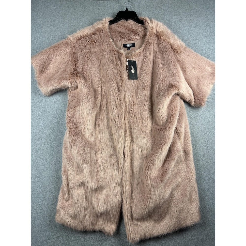 Fair Child Coat Womens 2X Pink Faux Fur Short Sleeve Mid Length Collarless NWT